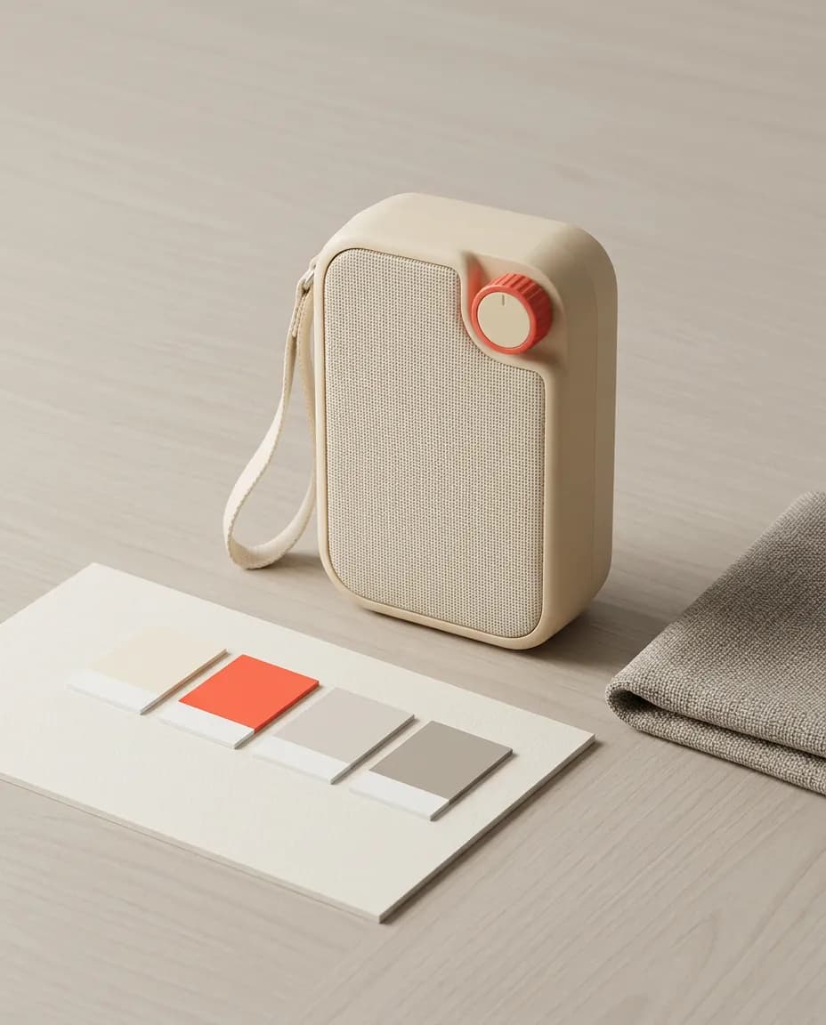 Radio beside color chips and fabric