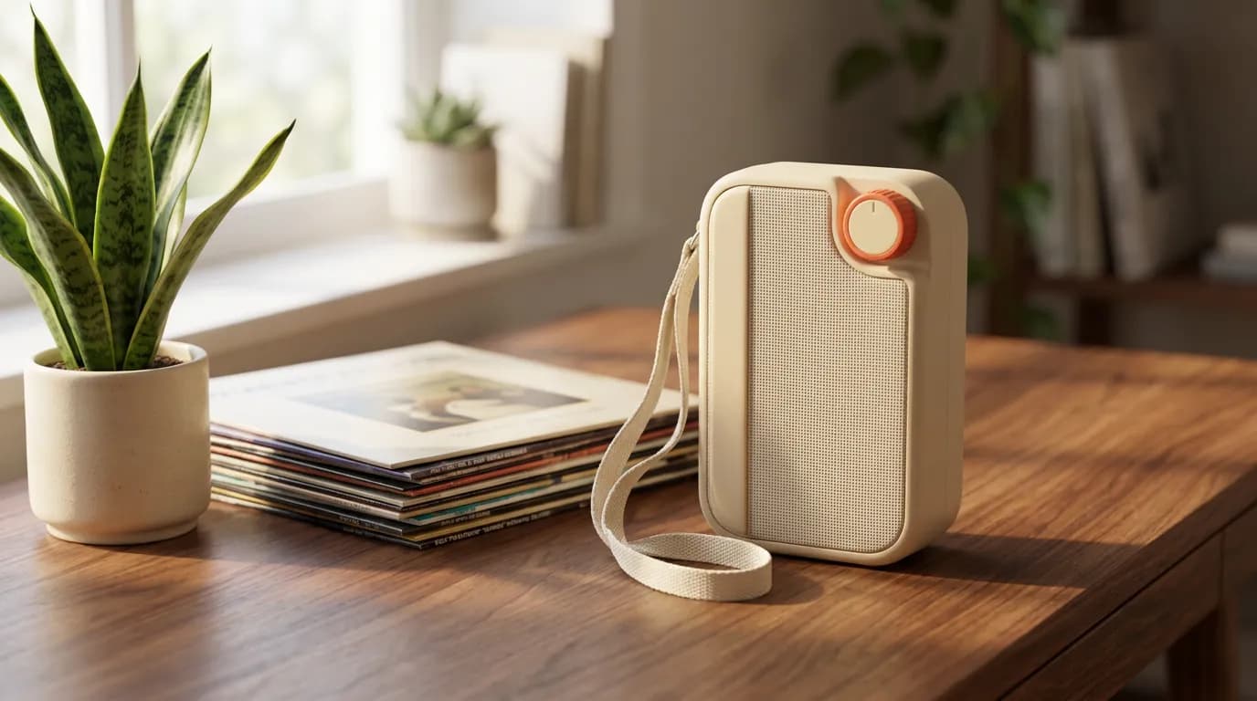 A cream portable radio on a walnut desk
