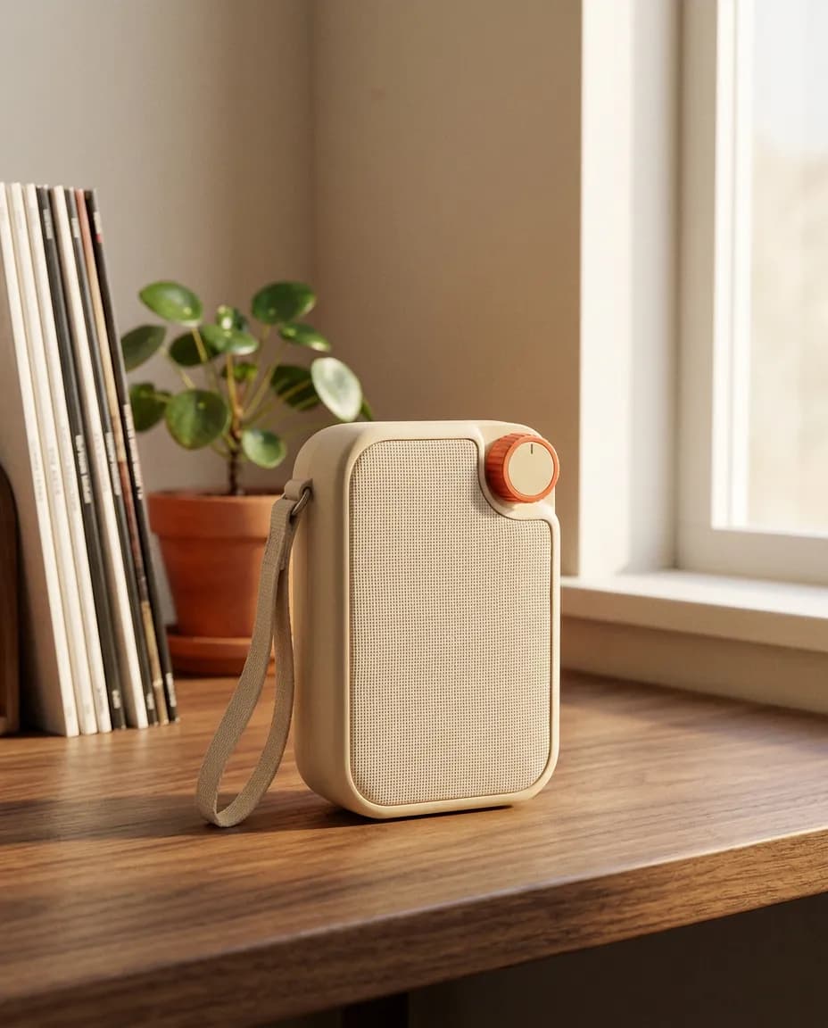 Cream radio on a wood desk by a window