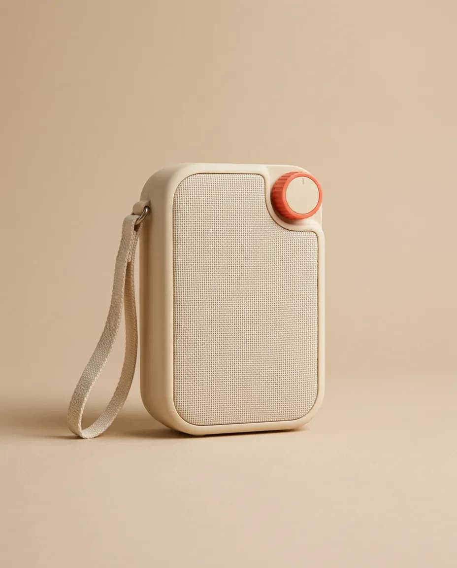 Cream portable radio in a warm studio