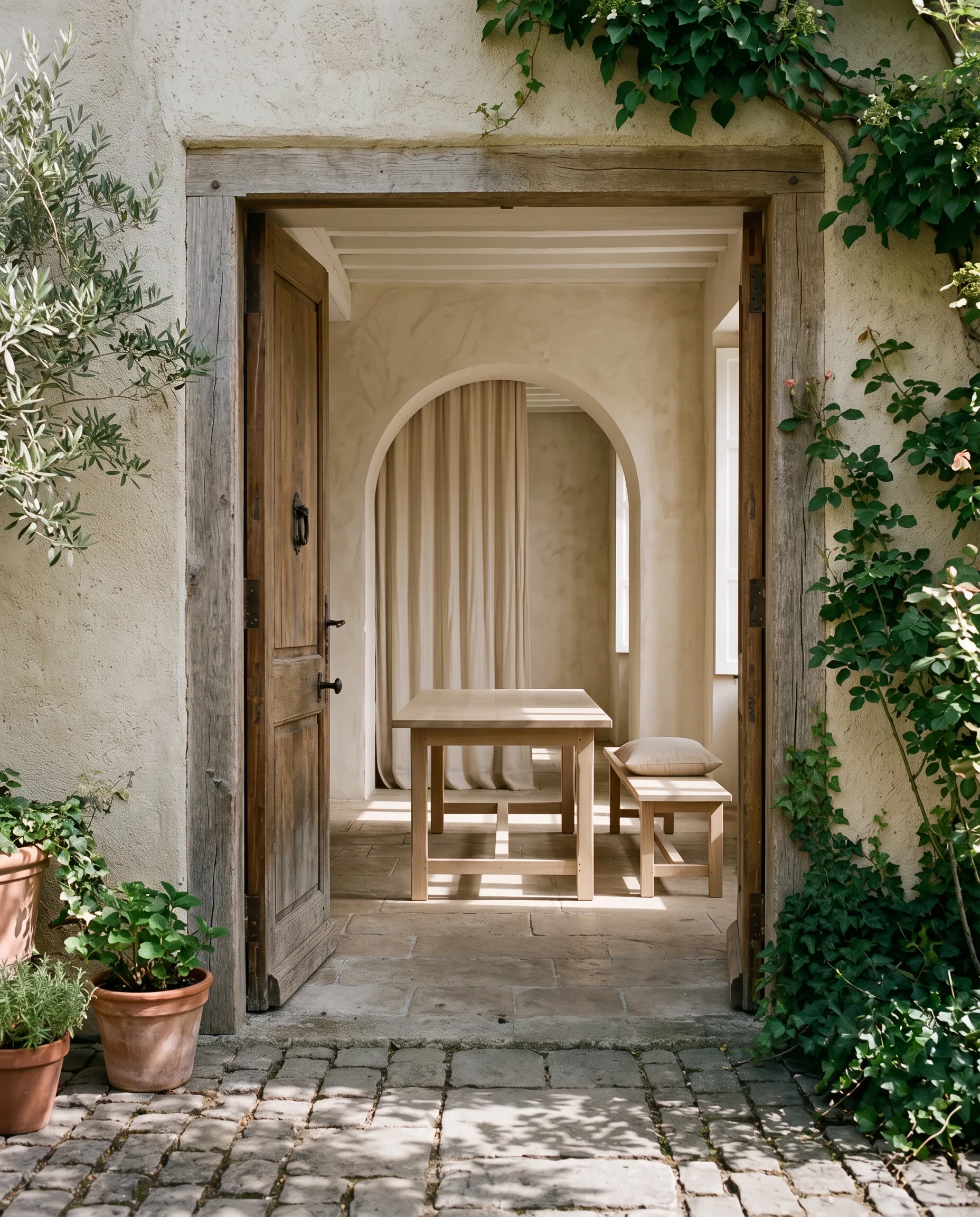 Oak bench with a linen cushion inside the courtyard room
