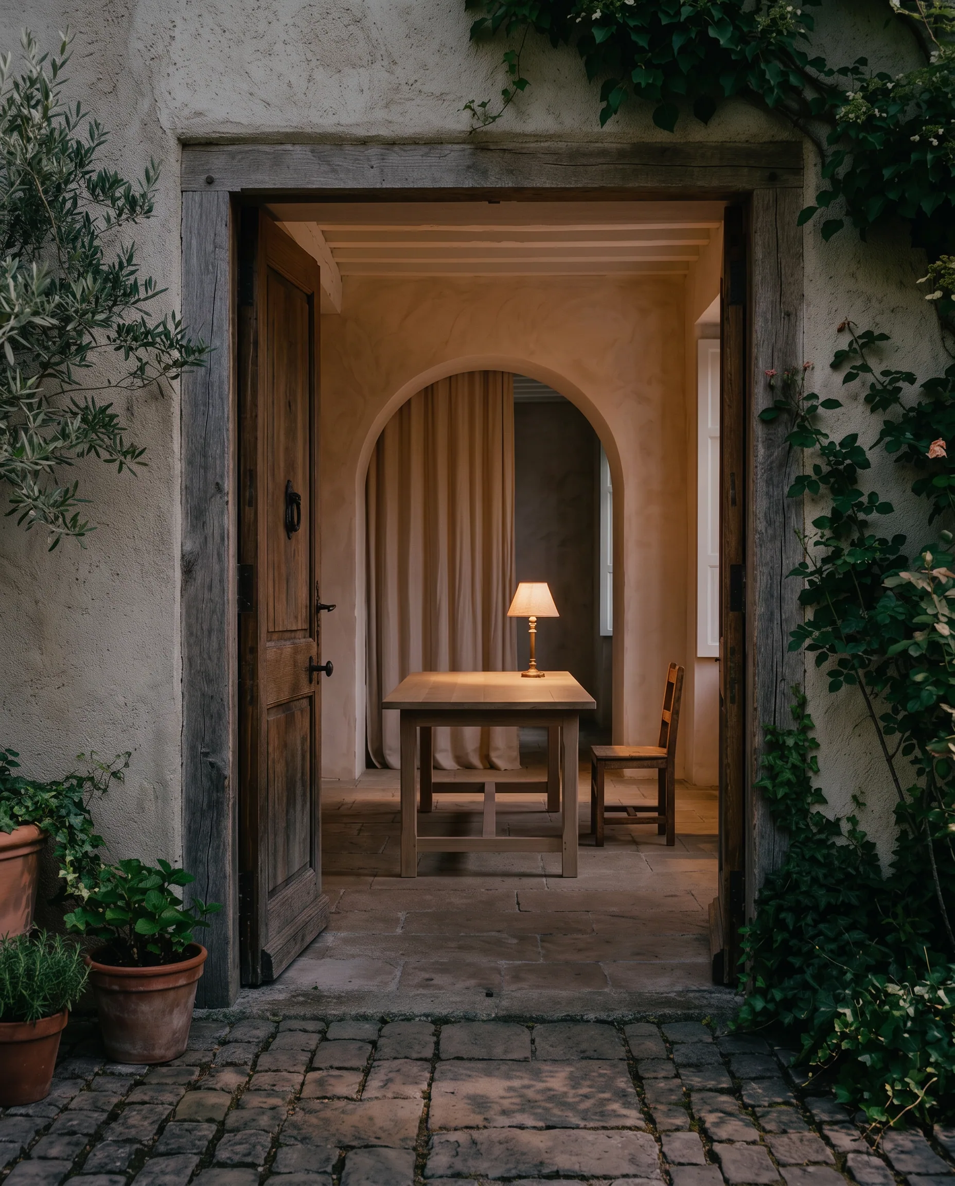 The same courtyard room at dusk with a lamp on the oak table