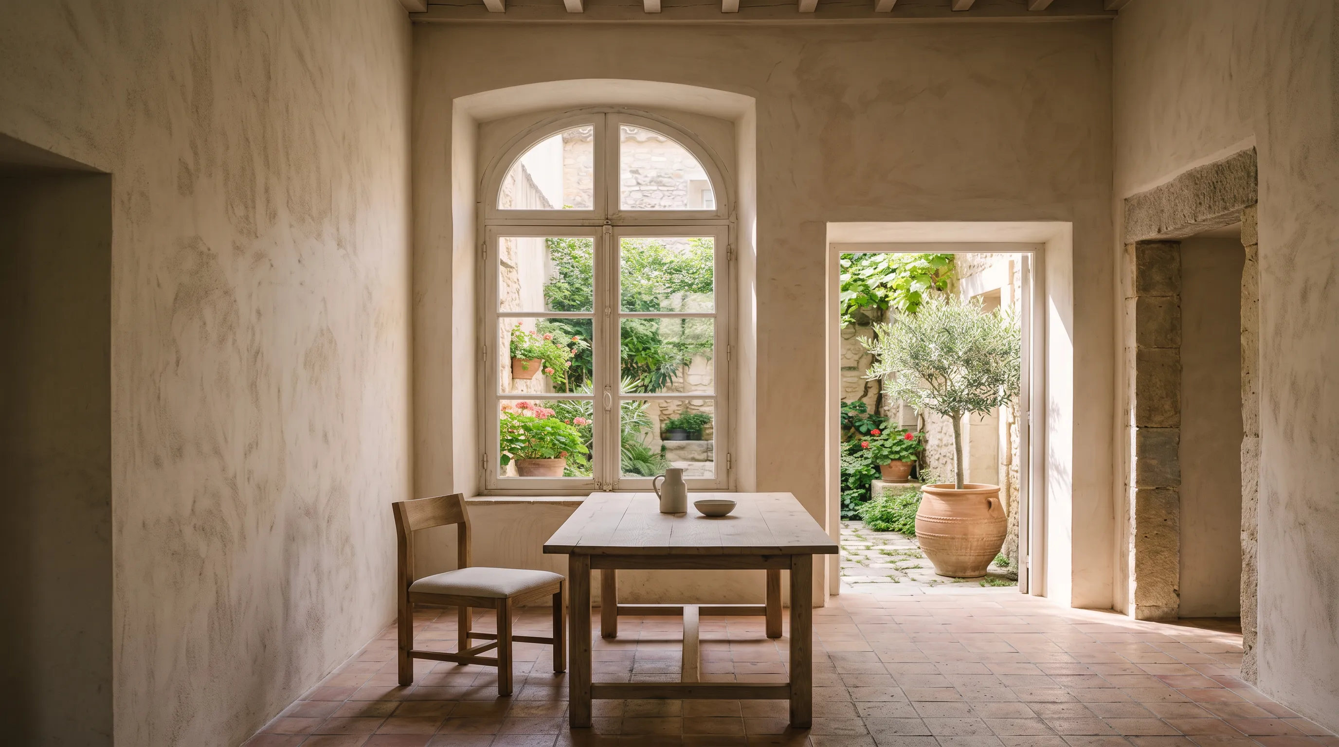 Limewashed room with an oak table and an open door to a courtyard