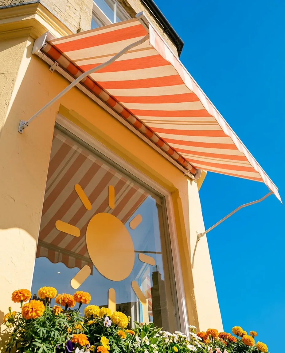A coral-and-white striped awning on a butter-yellow shop under a blue sky