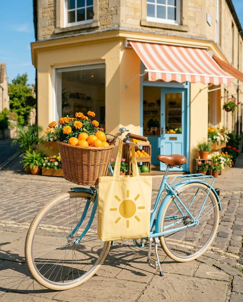 A yellow tote with a golden sun on a sky-blue bicycle outside a juice shop