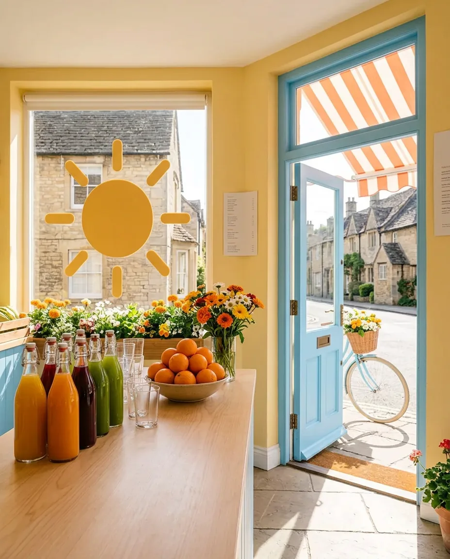 Orange juice and marigolds on a wood counter, with a golden sun on the window
