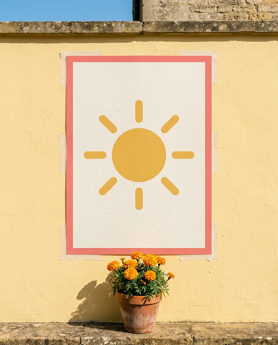 A cream poster with a golden sun and a coral border on a yellow wall