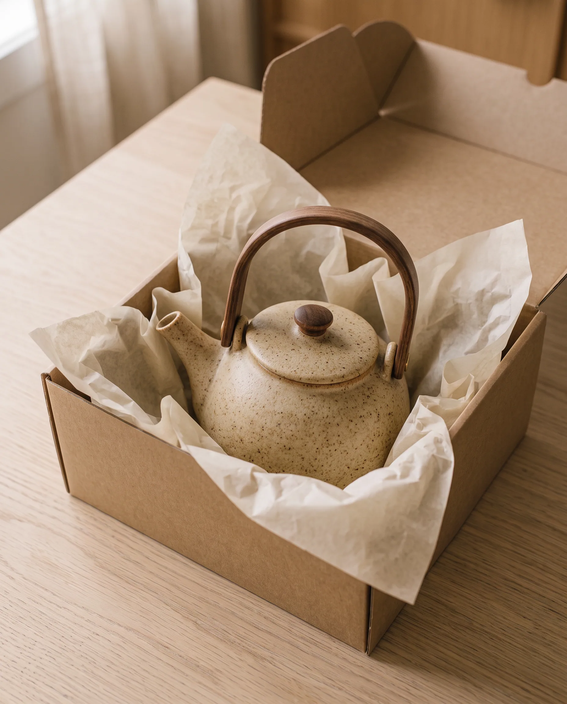 Sandy kettle in tissue inside an open kraft gift box