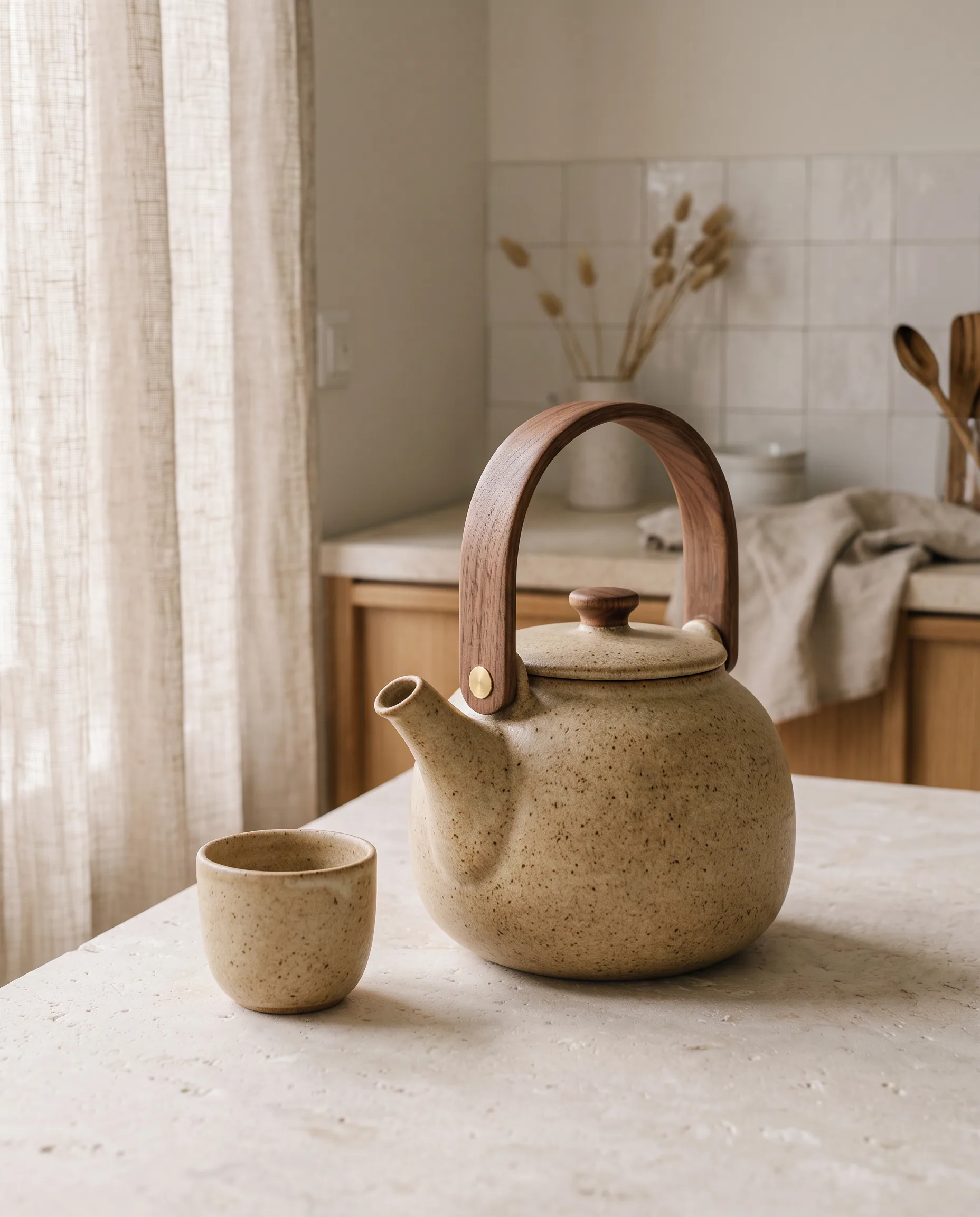 Sandy ceramic kettle on a limestone kitchen counter