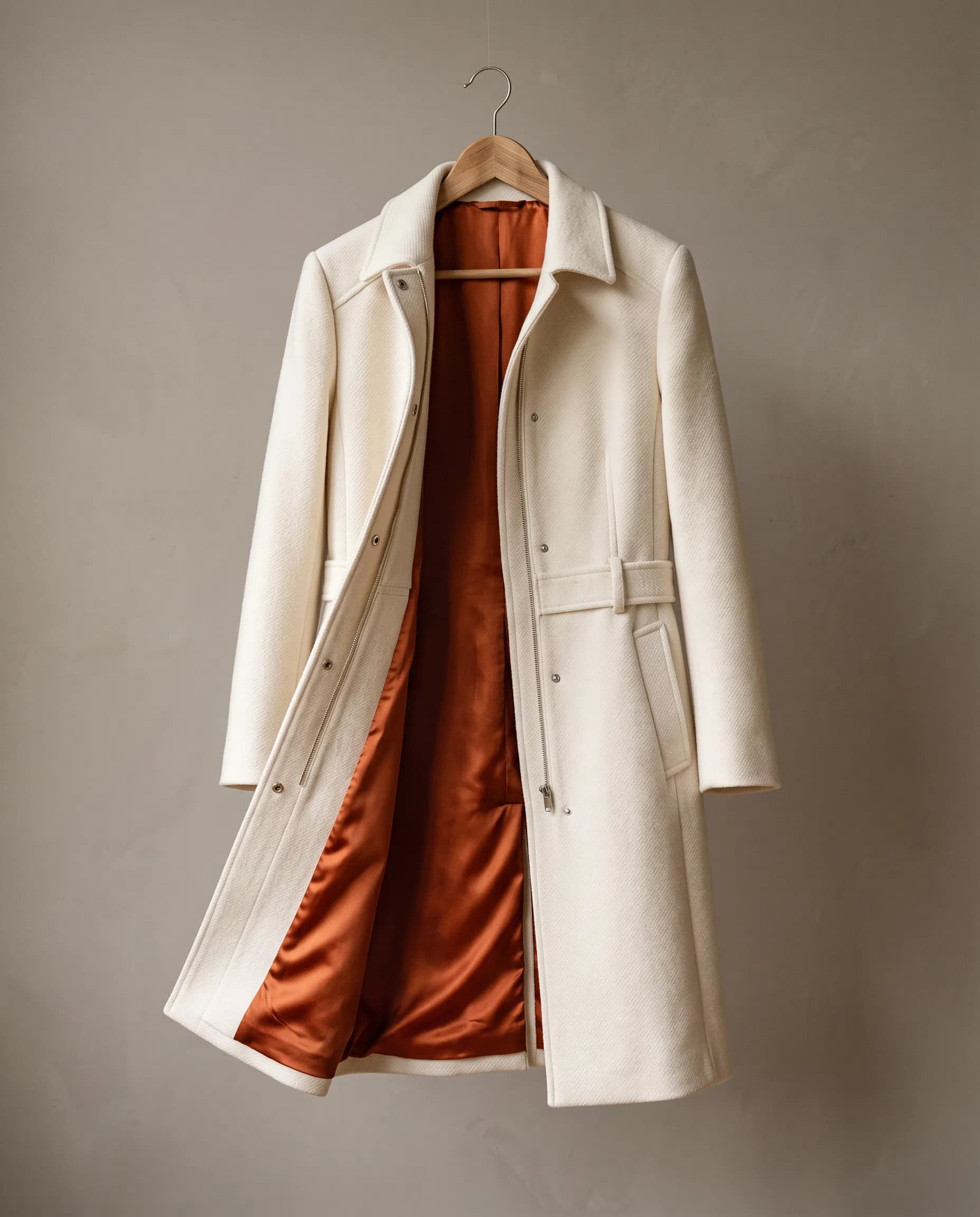Ivory wool coat with a rust silk lining on a hanger