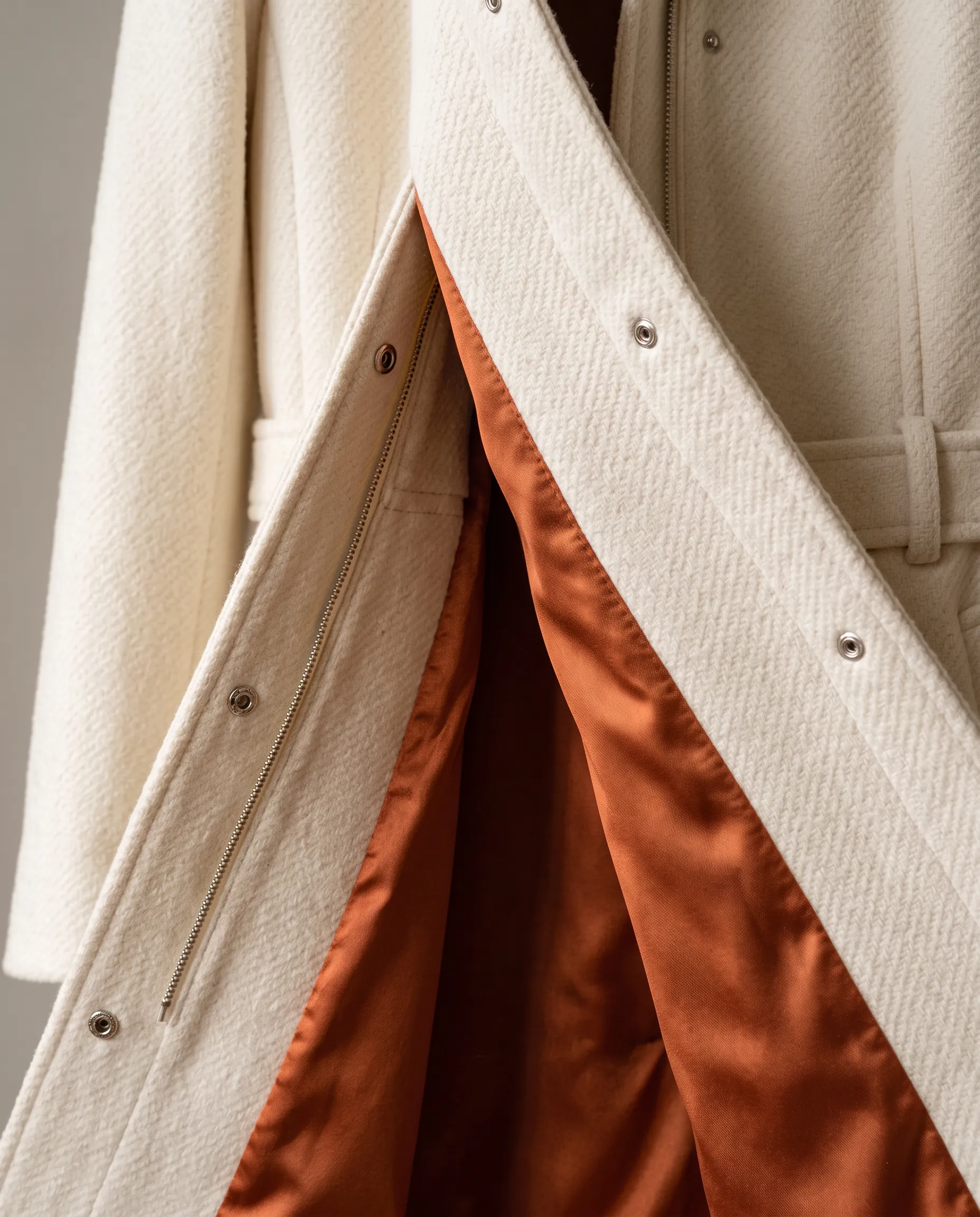 Close view of ivory wool meeting a rust silk lining