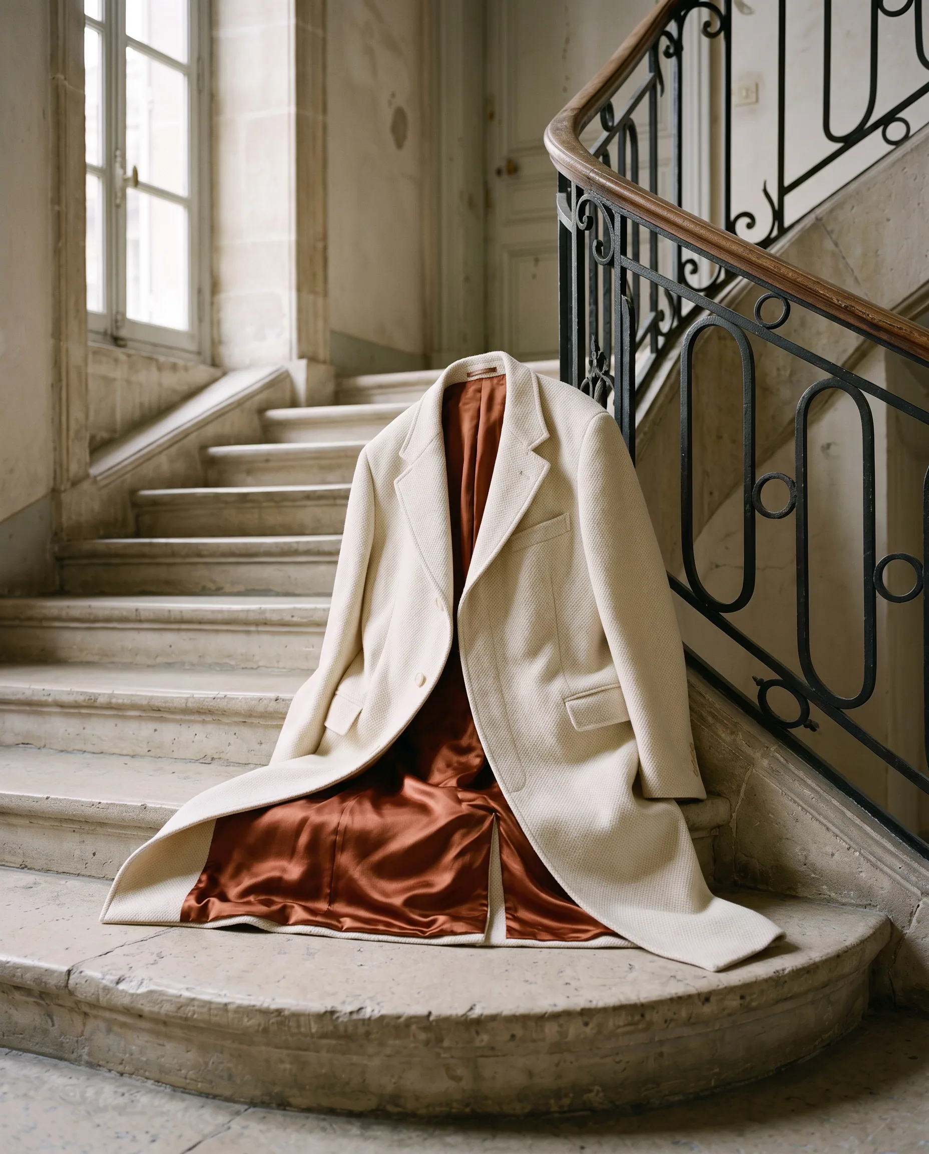 Ivory wool coat with a rust lining on a limestone stair