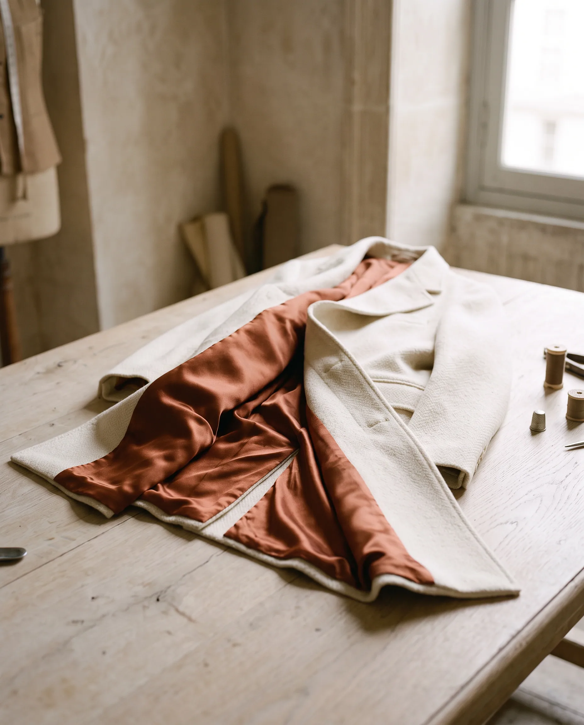 Ivory coat folded on an oak table with the rust lining showing