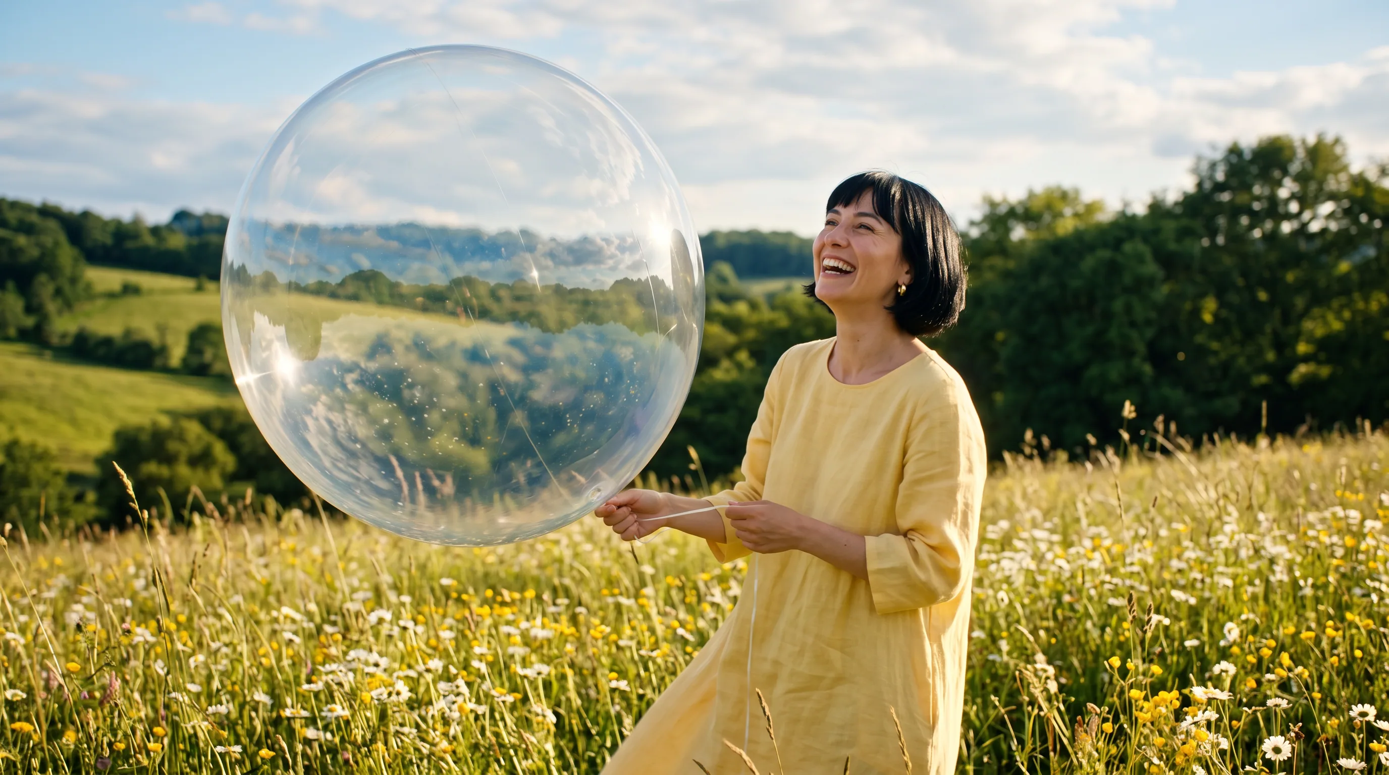 A woman in a yellow dress holding a huge transparent balloon in a sunny meadow