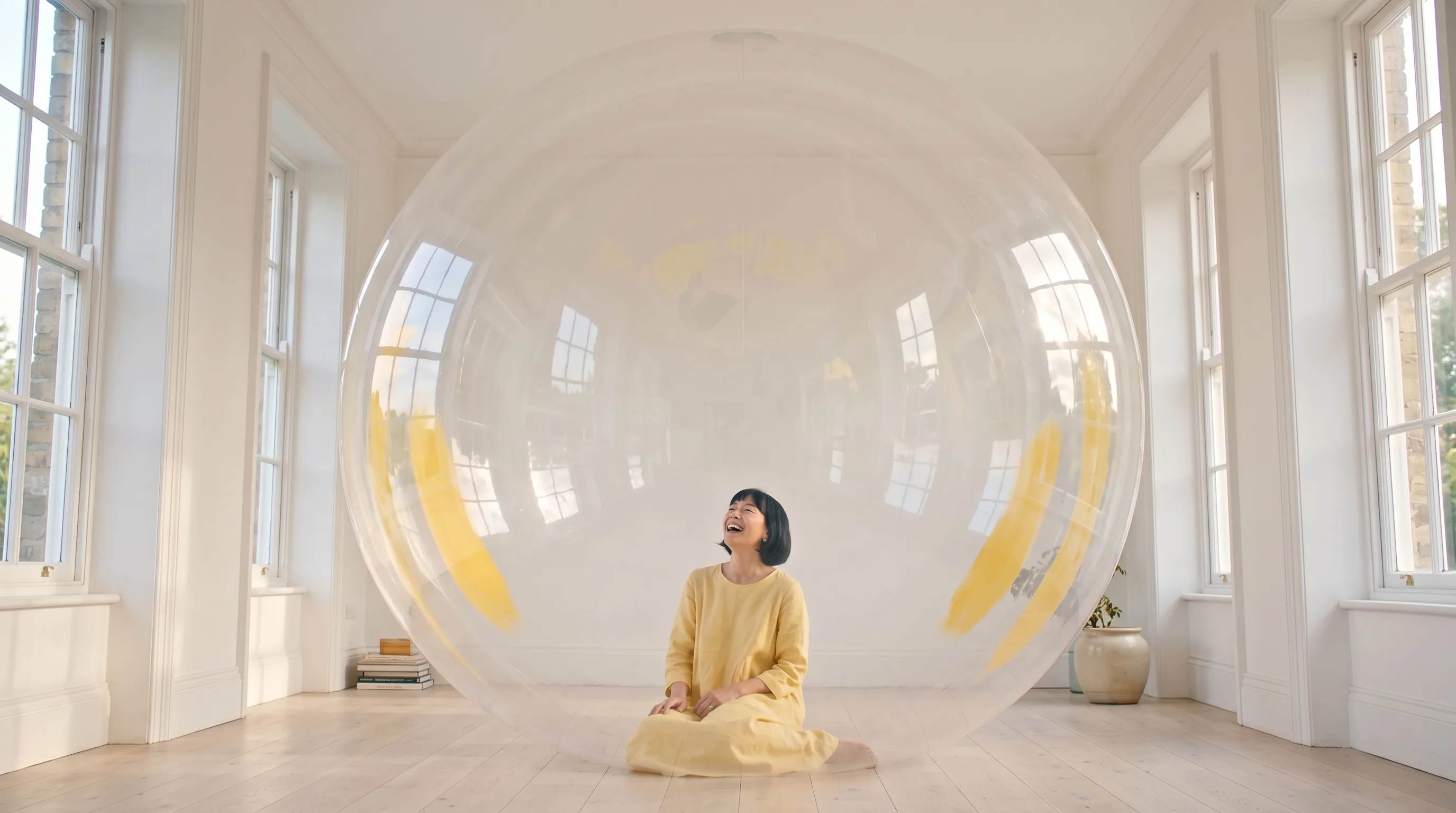 A woman in a yellow dress sitting beside a huge clear balloon in a sunny room