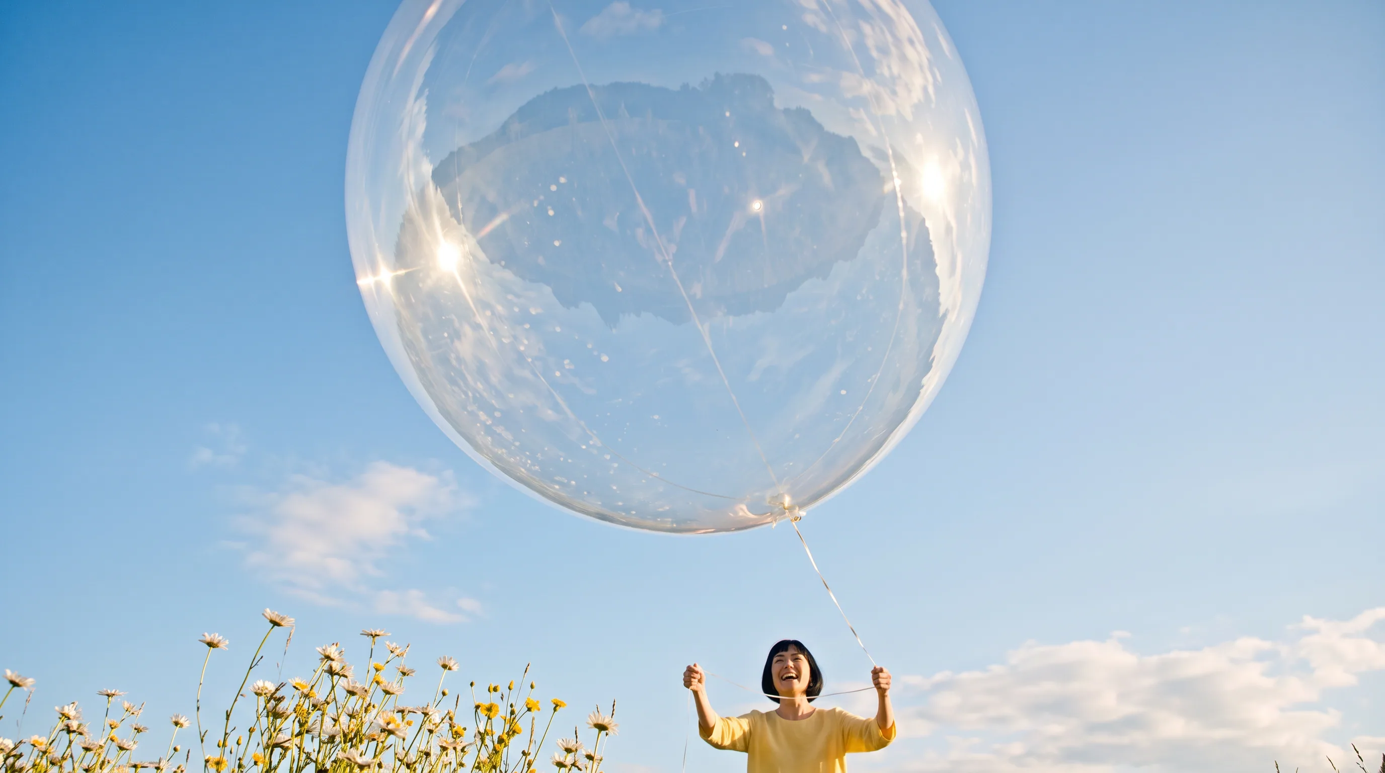 A woman holding a huge clear balloon against a blue sky