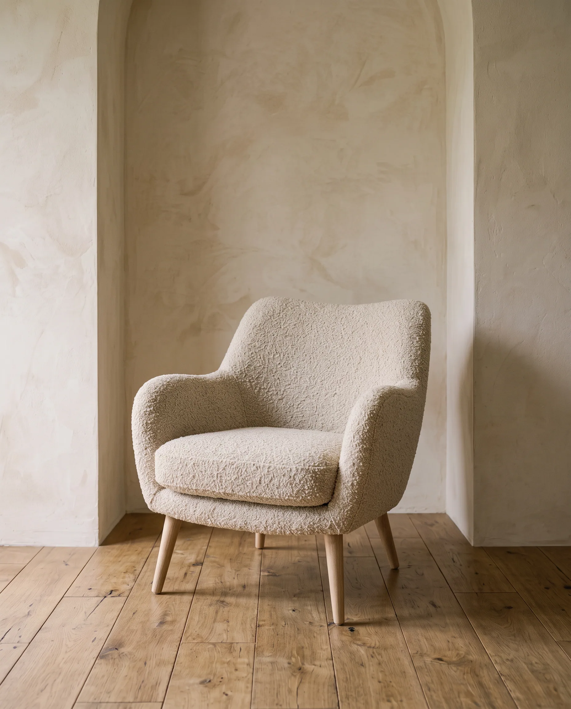 Oatmeal boucle chair with oak legs in a plain plaster alcove