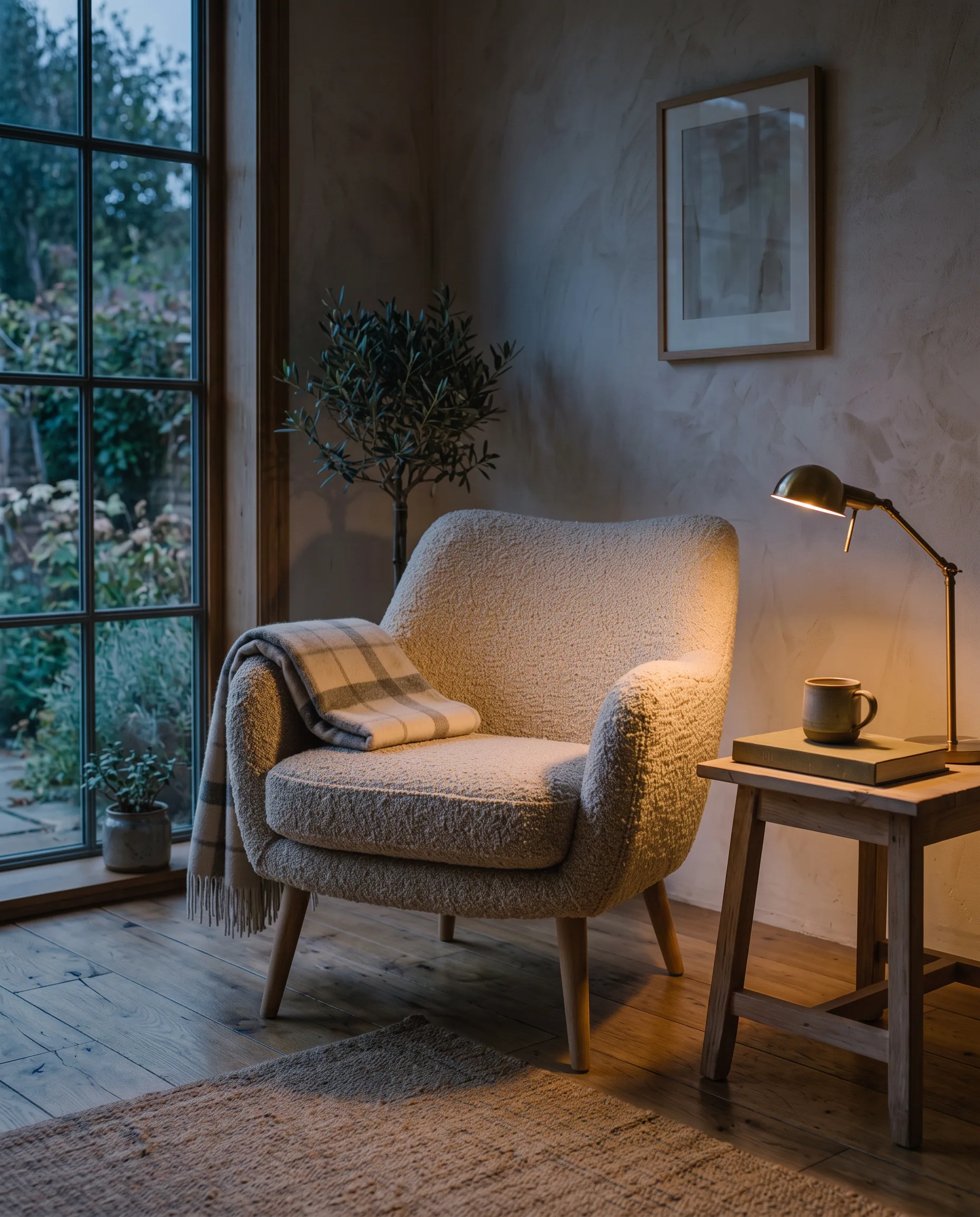 Oatmeal lounge chair in a dim room with a warm lamp