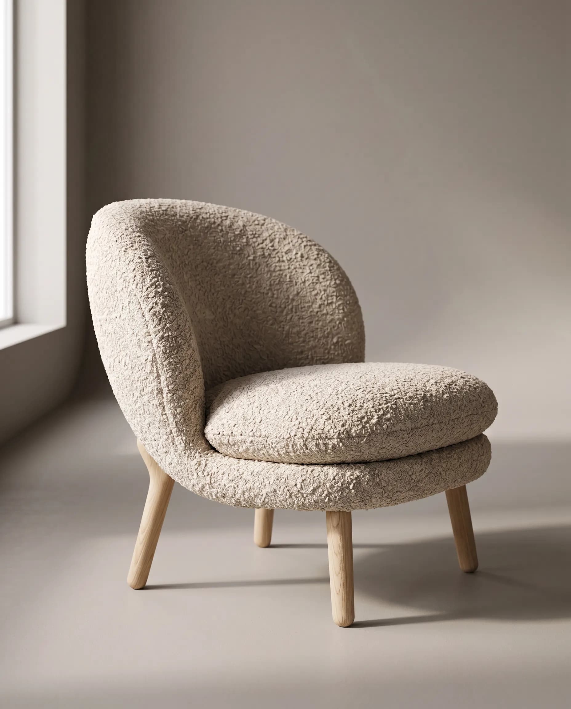 Oatmeal boucle lounge chair with pale oak legs