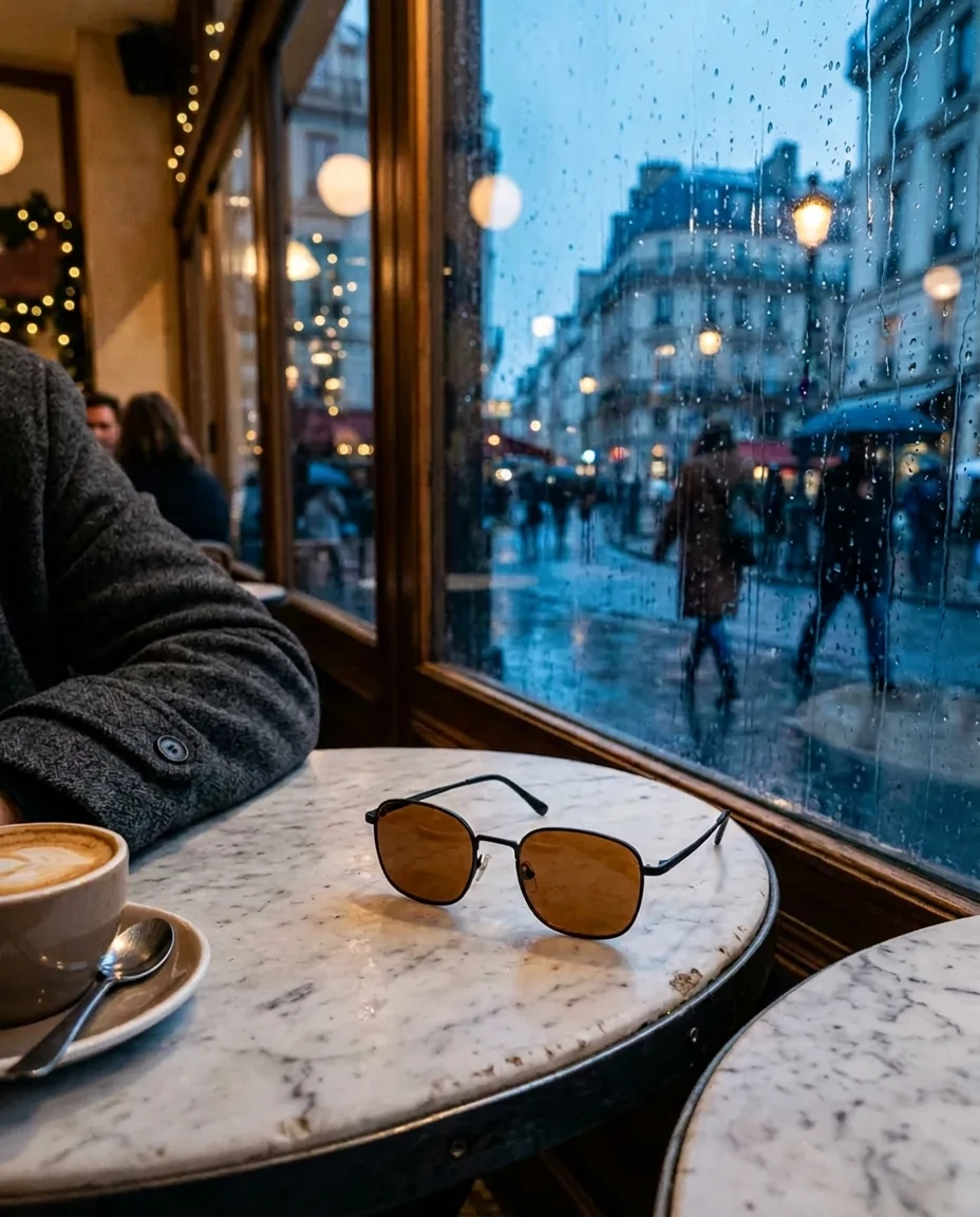 Thin black sunglasses with amber lenses on a marble cafe table by a rainy window