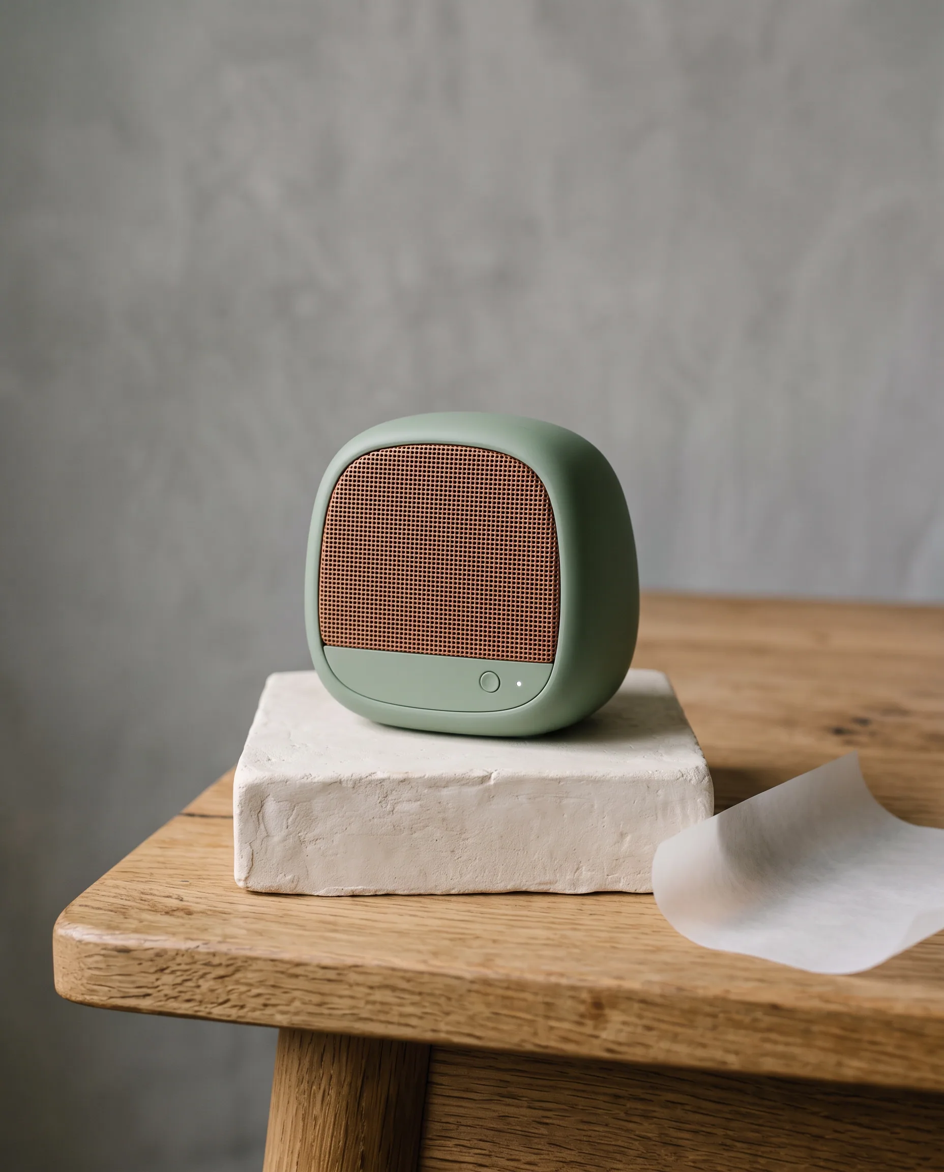 Sage pebble speaker on a plaster block on an oak desk