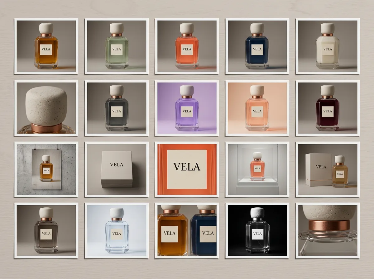 A contact sheet of many VELA bottle variations