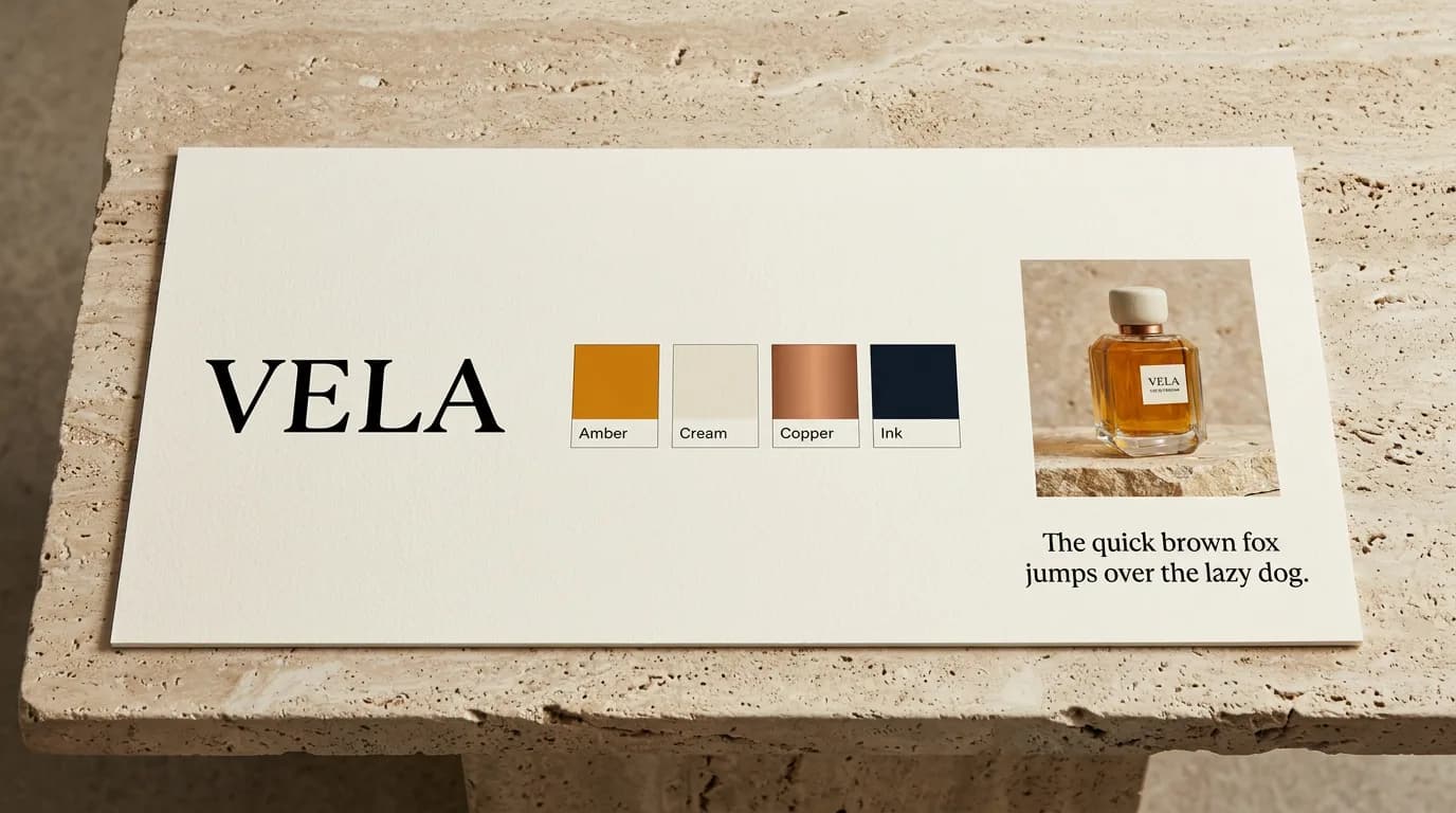 A VELA brand board with color chips, type, and the bottle