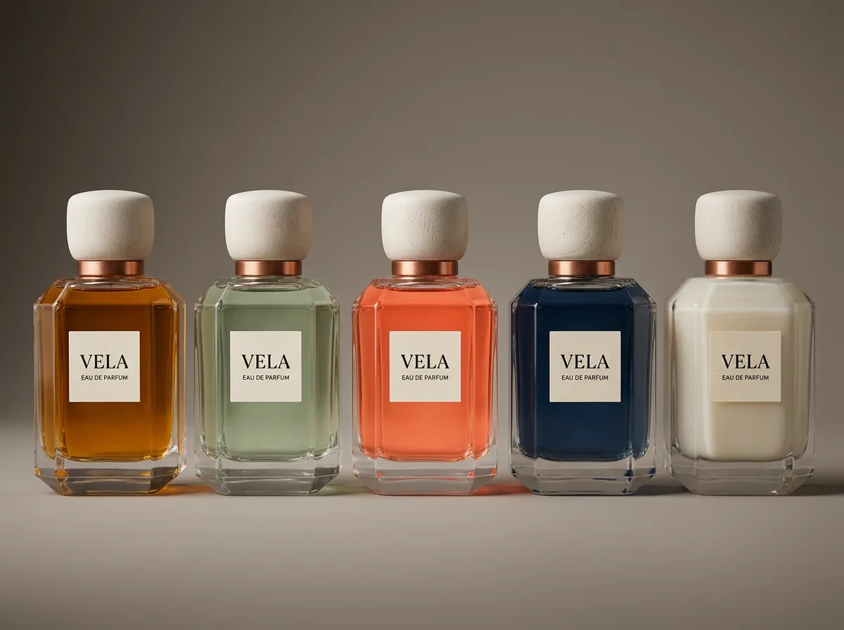 Five liquid colors of the same VELA bottle