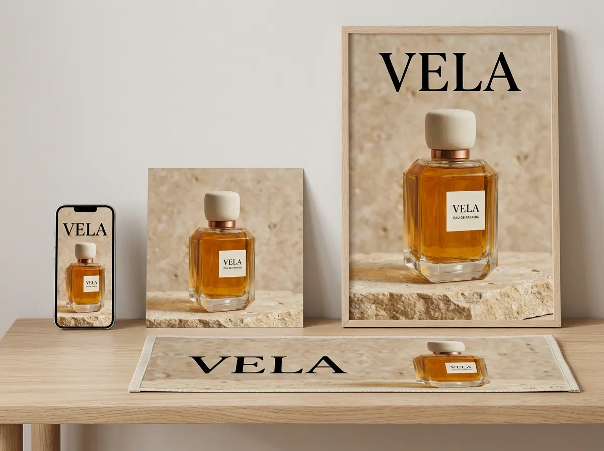 The VELA design on a phone, a square print, a framed poster, and a banner