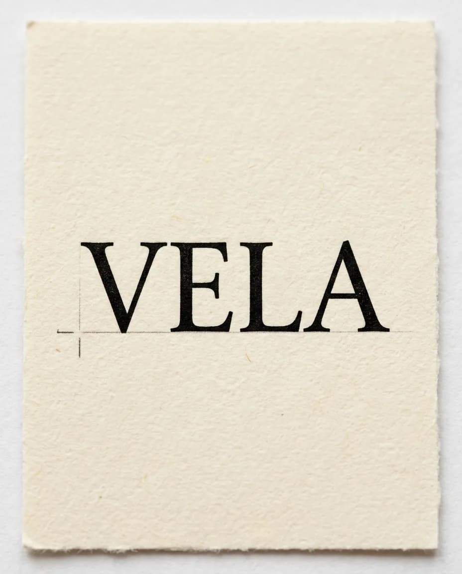 VELA lettering with a crop mark, kerning checked up close