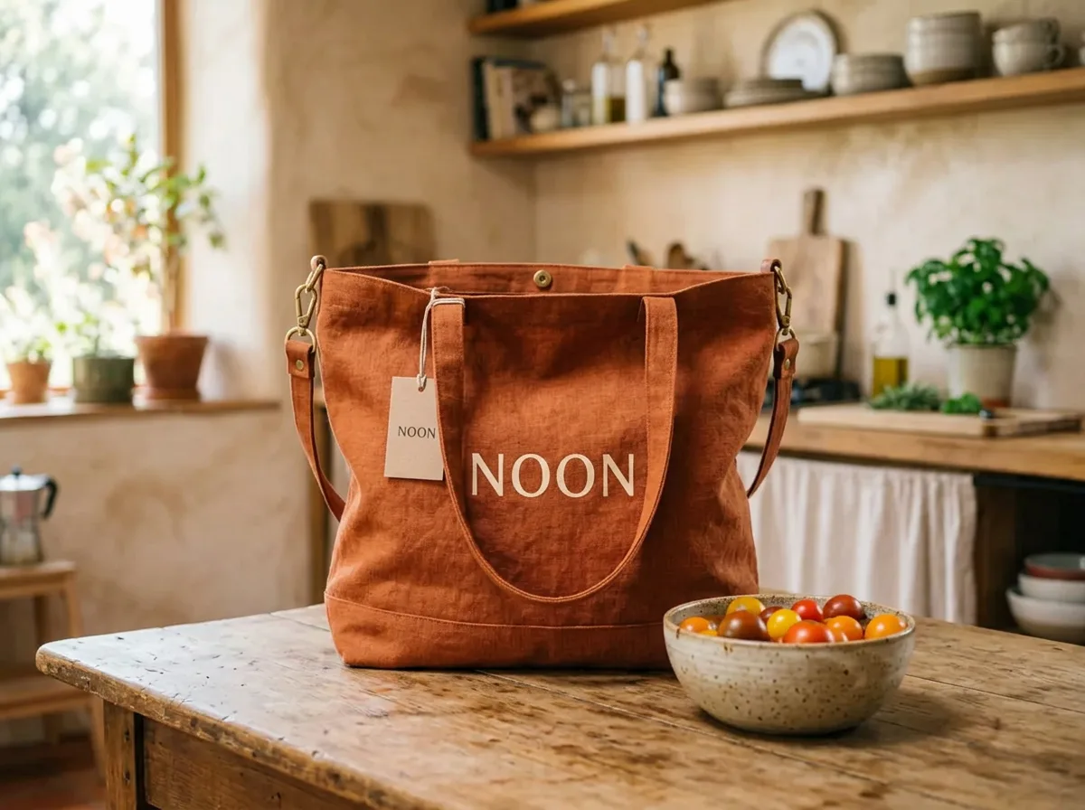 The channel name on a rust tote beside a bowl of tomatoes