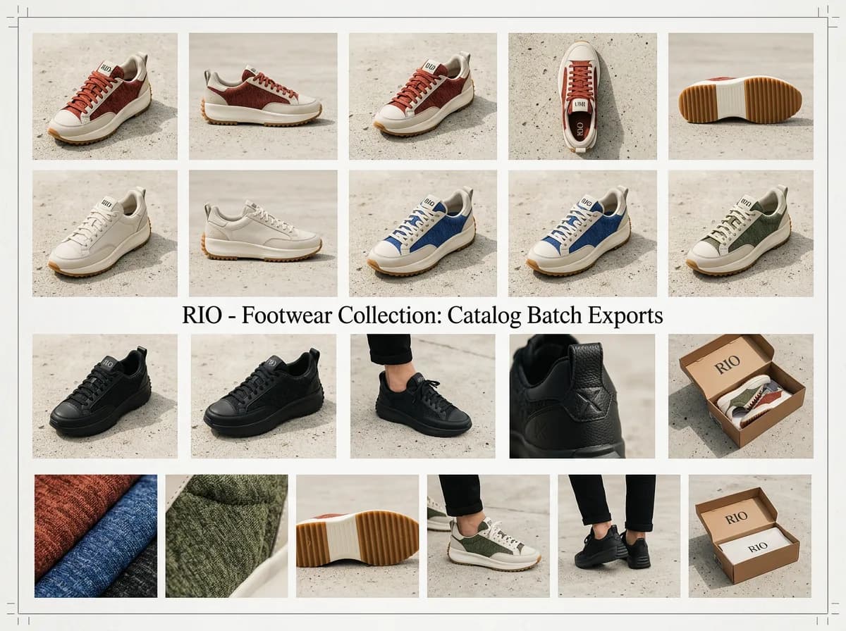 A contact sheet of many sneaker variations from one batch run