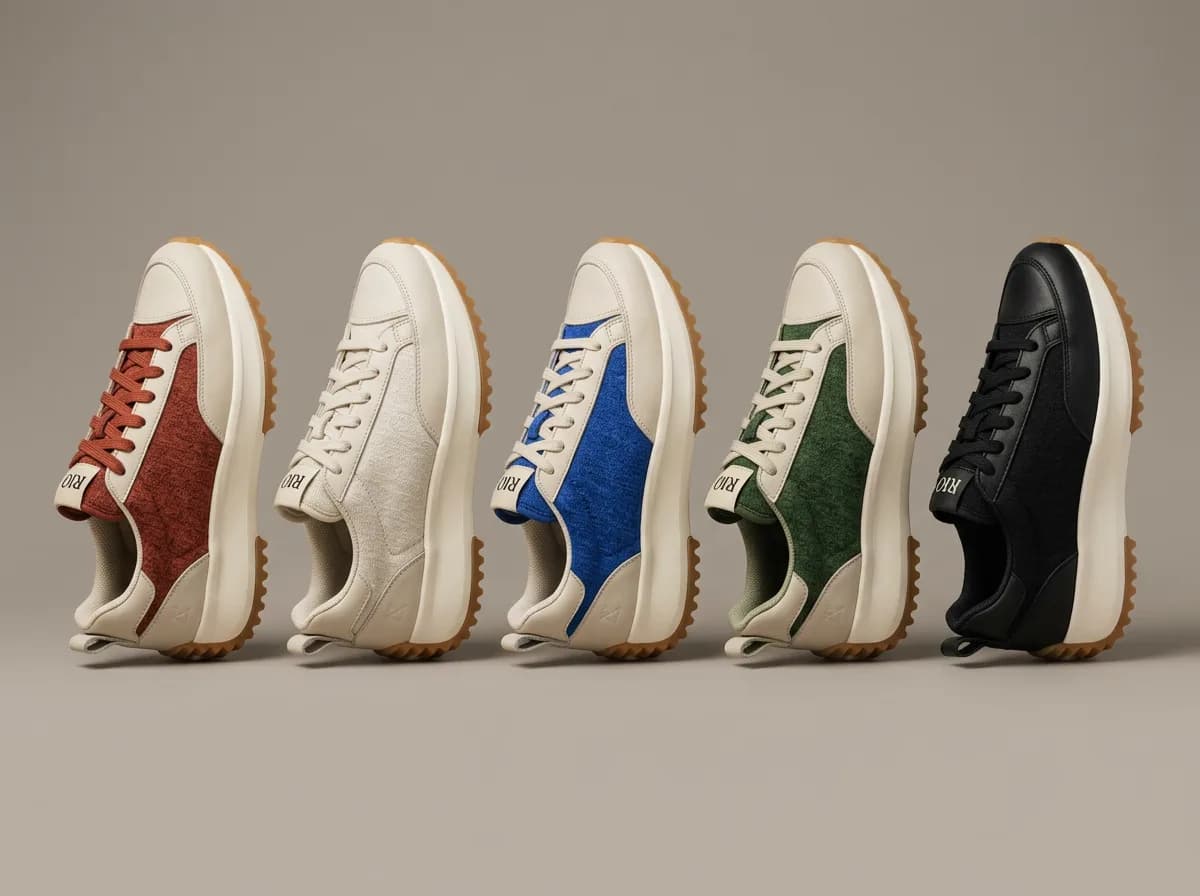 Five colorways of the same sneaker lined up in one studio shot