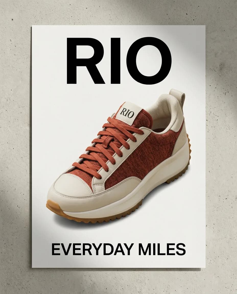 A RIO poster with exact type, margins, and the same sneaker