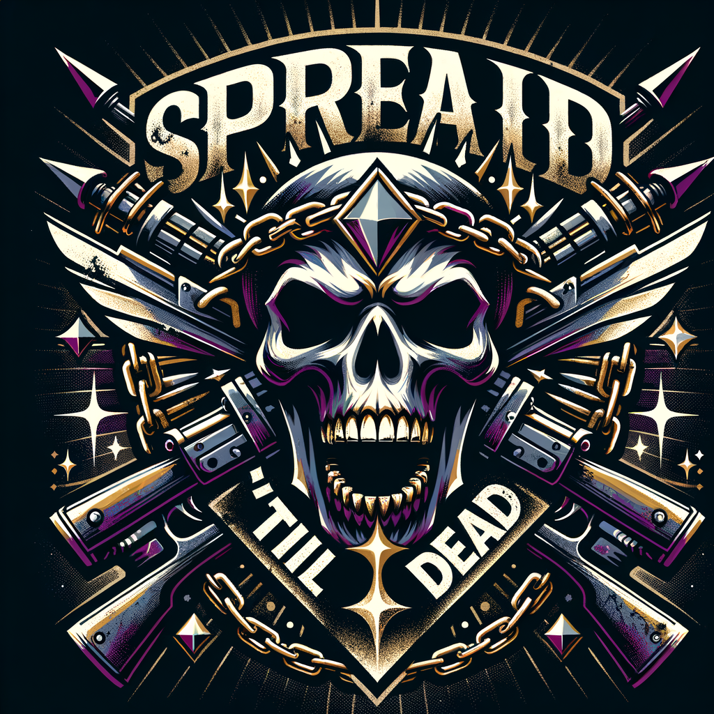 AI Logo Design by Hiding Elephant for Emblem for a thrilling action game named "Spread 'Til Dead": A dynamic skull at the center, surrounded by chains and weapon motifs, representing control and chaos. Color palette of dark purples, blacks, and metallic golds. Typography featuring bold, aggressive lettering with a distressed texture. Design influenced by gothic and punk styles, with intricate details and a grungy finish, set against a textured dark background.