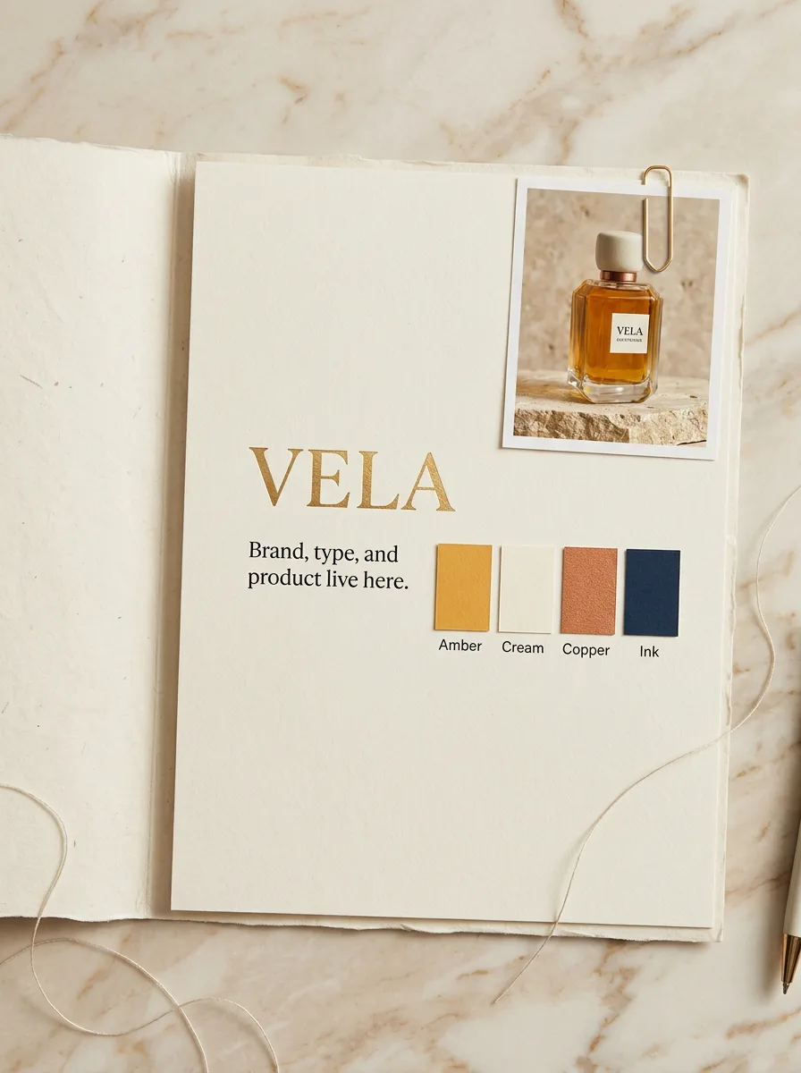 A VELA client brief with the wordmark, color chips, and bottle photo