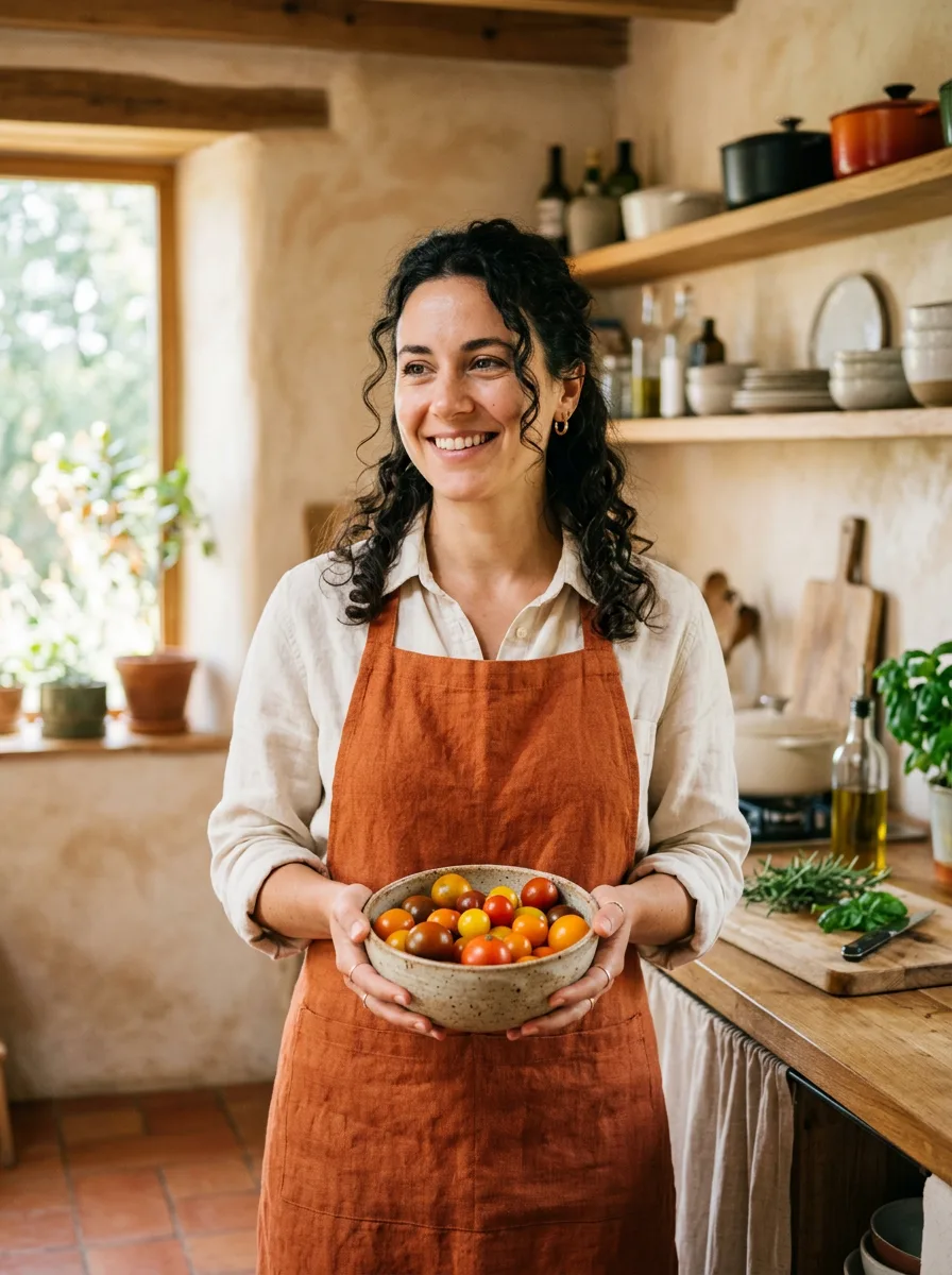 A still of the host in the kitchen, before the title goes on