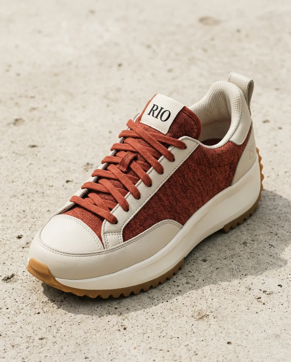 A clay RIO sneaker saved as the product reference, with the name sharp on the tongue