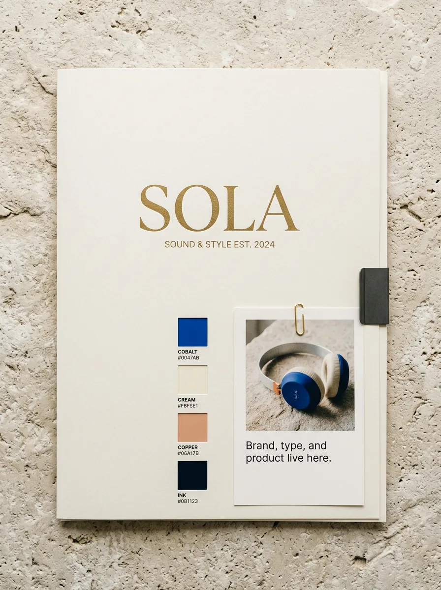 A saved brand brief with the wordmark, color chips, and product photo